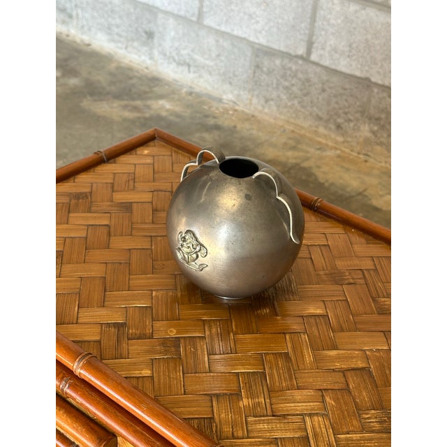 Mid-Century Modern Sylvia Stave Bulbous Pewter Vase With Motif and Handles c.g. Hallberg, Sweden 1933 For Sale - Image 3 of 6