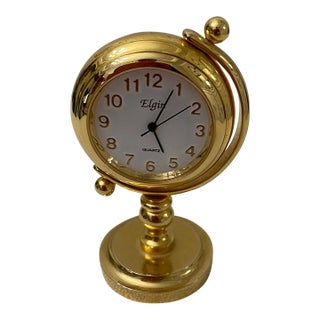 Vintage MCM "Elgin" Gold Tone Globe Mini Clock For Sale