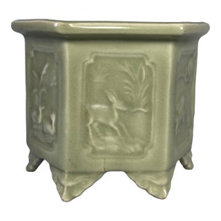Vintage‑style Chinese Longquan Celadon Hexagonal Footed Pot With Relief Motifs For Sale