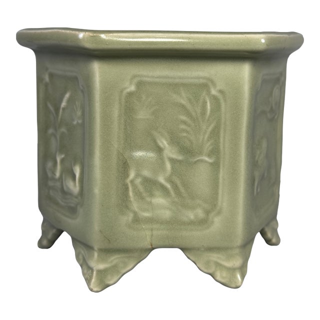 Vintage‑style Chinese Longquan Celadon Hexagonal Footed Pot With Relief Motifs For Sale