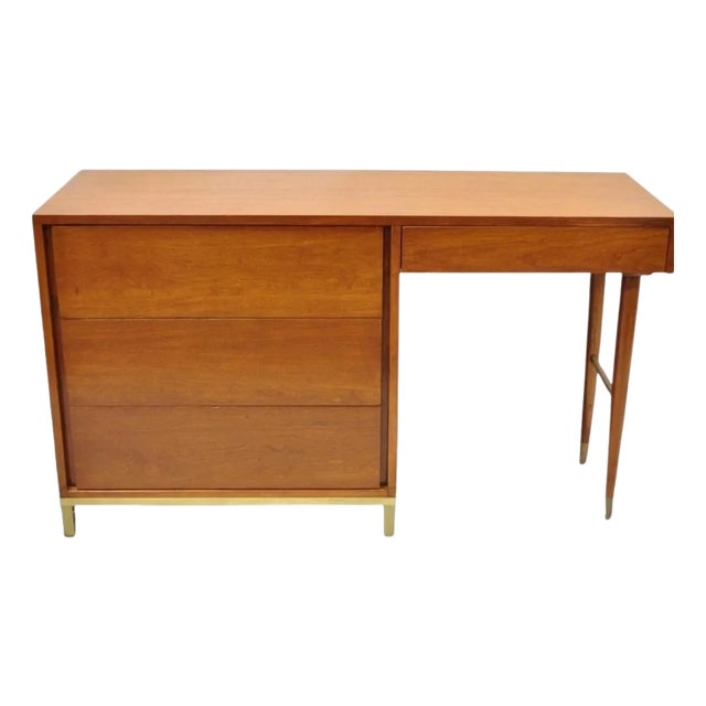 Vintage Mid Century Modern Walnut Brass Base Modernist Kneehole Writing Desk For Sale