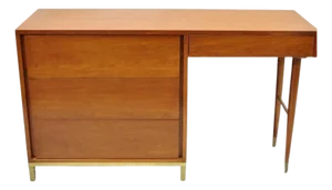 Vintage Mid Century Modern Walnut Brass Base Modernist Kneehole Writing Desk