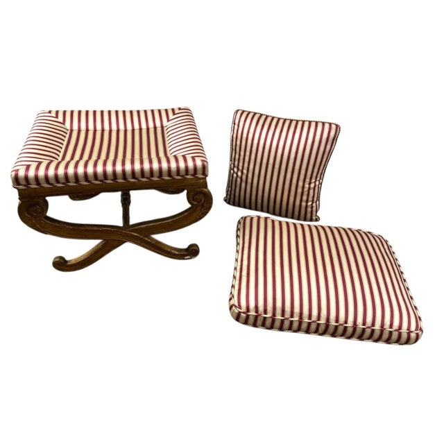 French Country Antique French Empire Curule Vanity Foot Stool Seat W Pillows For Sale - Image 3 of 16
