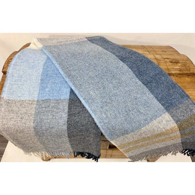 Blue Merino Lambswool Throw in a Modern Blue and Gray Large Block Plaid Pattern -Made in England For Sale - Image 8 of 11