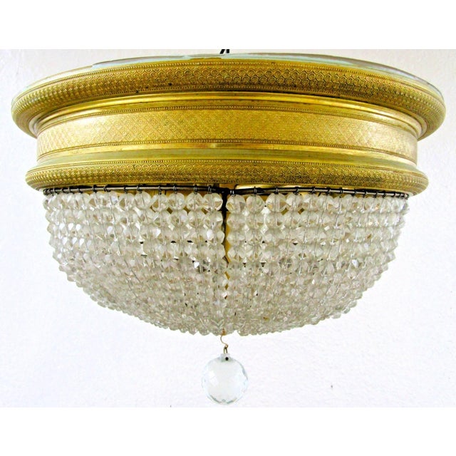 French 19th Century French Restored Round Crystal Prism Three Light Flush Mount Ceiling For Sale - Image 3 of 14