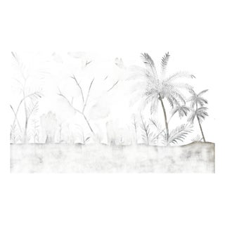 Hand-Painted Chinoiserie Landscape Wallpaper on Gradient Xuan Paper – Coastal Botanical & Tropical Garden, Set of 3 For Sale