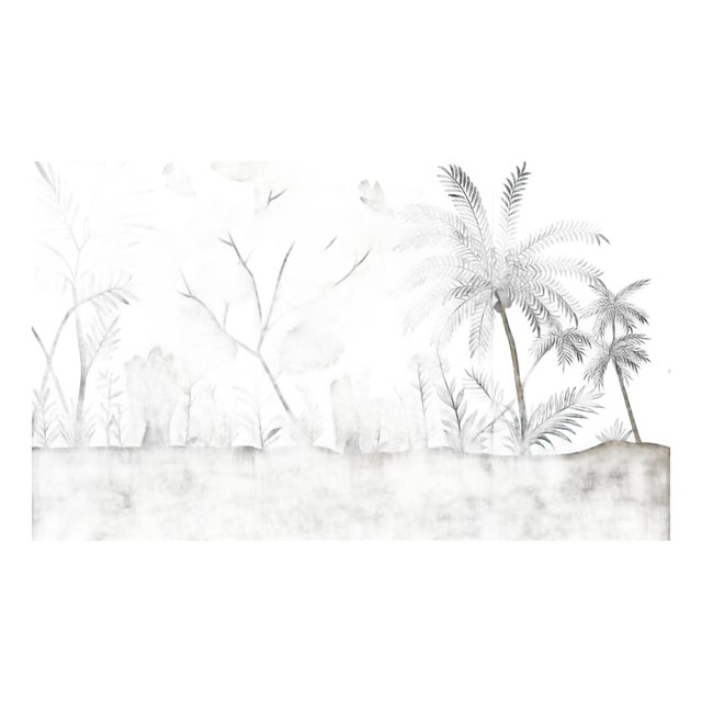 Hand-Painted Chinoiserie Landscape Wallpaper on Gradient Xuan Paper – Coastal Botanical & Tropical Garden, Set of 3 For Sale