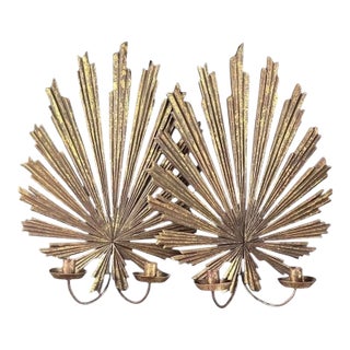 1970s a Pair of Wood Sunburst Form Wall Sconces For Sale