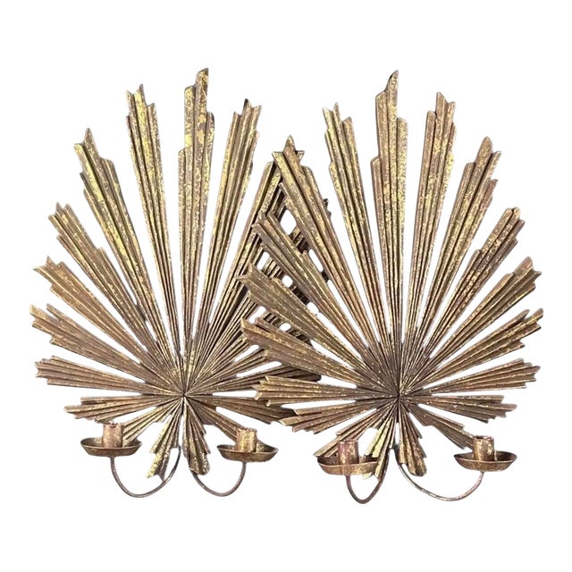 1970s a Pair of Wood Sunburst Form Wall Sconces For Sale