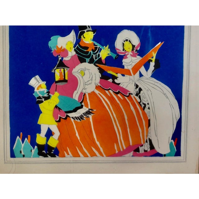 Art Deco Pochoir of Caroling Family on a Winter Night. Circa 1920-30s For Sale - Image 4 of 5