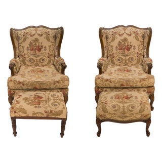 Early 20th Century Antique French Country Louis XV Style Carved Oak Bergere Wingback Chairs Pair For Sale