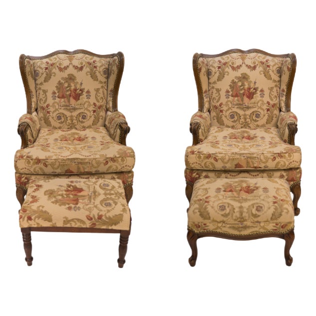 Early 20th Century Antique French Country Louis XV Style Carved Oak Bergere Wingback Chairs Pair For Sale