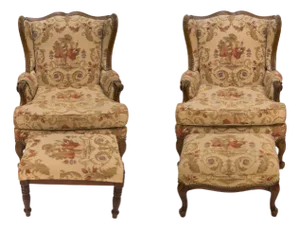 Early 20th Century Antique French Country Louis XV Style Carved Oak Bergere Wingback Chairs Pair