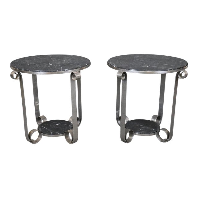 Pair Art Deco Edgar Brandt Style Wrought Iron Tulip Black Marble Top End Tables For Sale