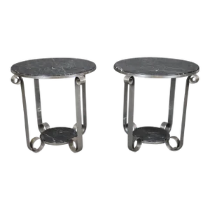 Pair Art Deco Edgar Brandt Style Wrought Iron Tulip Black Marble Top End Tables