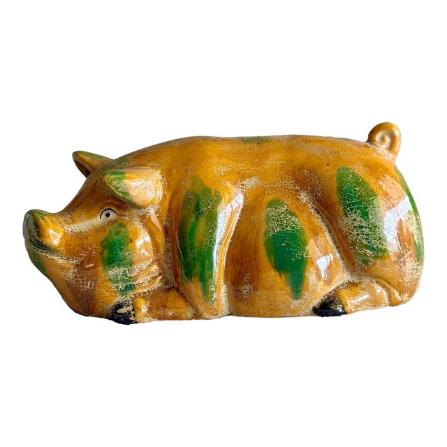 Vintage Camark Yellowware Pig Figurine Hand-Painted American Folk Art Pottery Ceramic Sculpture For Sale