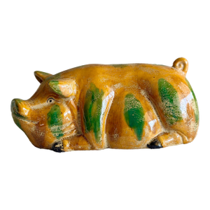 Vintage Camark Yellowware Pig Figurine Hand-Painted American Folk Art Pottery Ceramic Sculpture