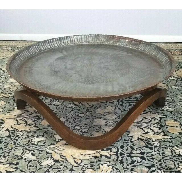 1960s Vintage Mid Century Boho Walnut Waves Base Copper Tin Tray Coffee Table For Sale - Image 5 of 13
