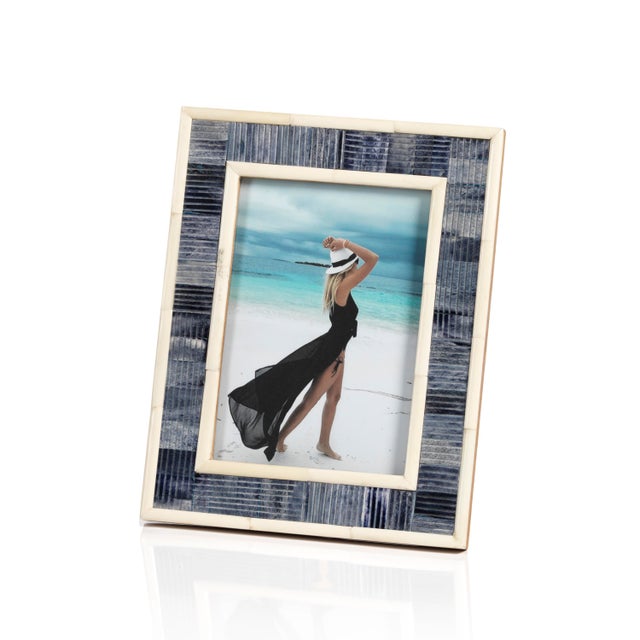 Coastal Mendocino Blue Carved Bone Photo Frame, 5" x 7" For Sale - Image 3 of 3