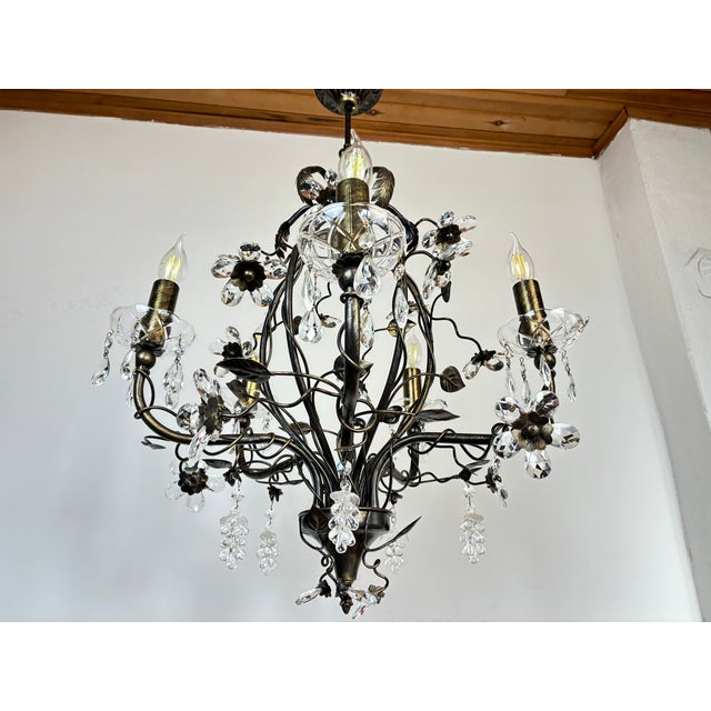 Large Vintage 1990s Wrought Iron Floral Chandelier With Crystal Flowers & Grape Details For Sale - Image 18 of 18