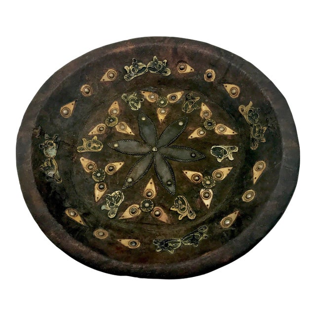 Early 20th Century Moroccan Kasriya Bowl With Inlaid Silver, Bronze, and Camel Bone For Sale