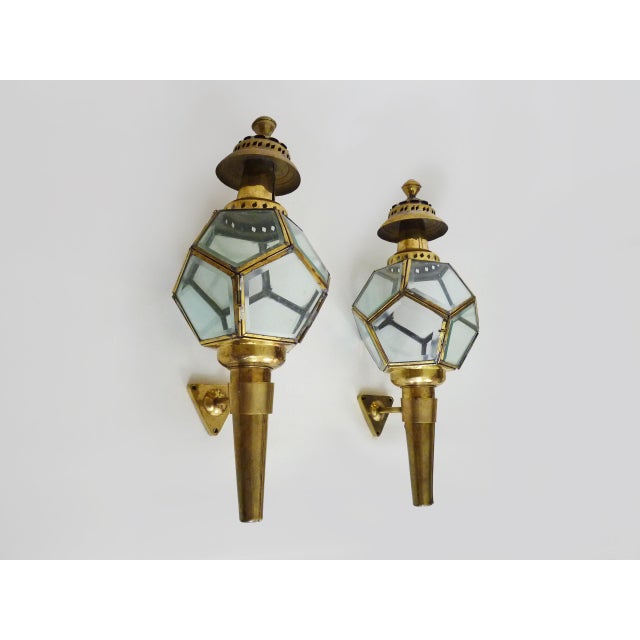 Vintage Carriage Lantern Wall Sconces in Brass and Glass, 1960s, Set of 2 For Sale - Image 3 of 11