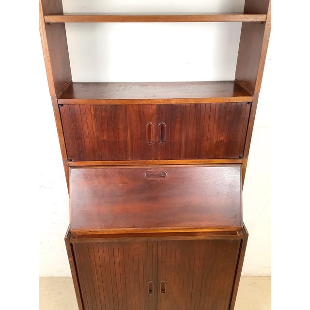 Brown 1960s Walnut MCM Secretary Bookcase, Drop-Front Desk, Modular For Sale - Image 8 of 12