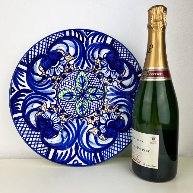 Large Spanish Handpainted Blue Ceramic Plate, 1950s For Sale - Image 10 of 11
