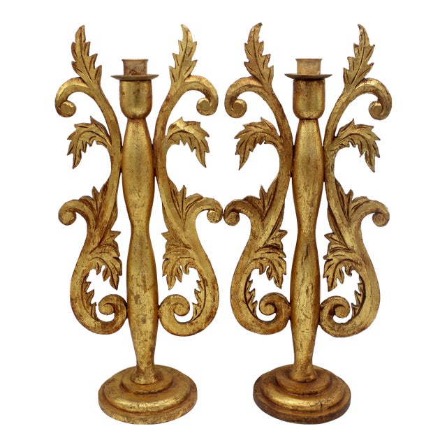 Antique Italian Golden Gilt Wood Candlesticks For Sale