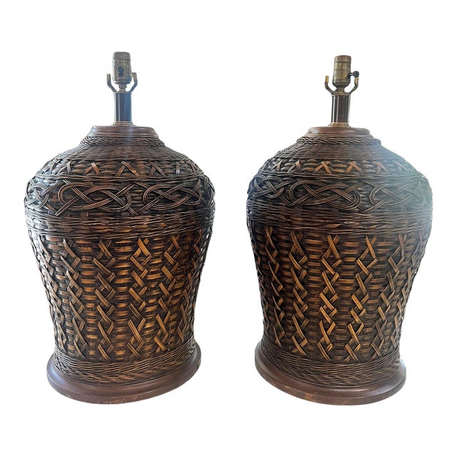 Pair of Vintage Oversized Colossal Ginger Jar Shape Basket Weave Rattan and Wicker Table Lamps With Wood Base For Sale