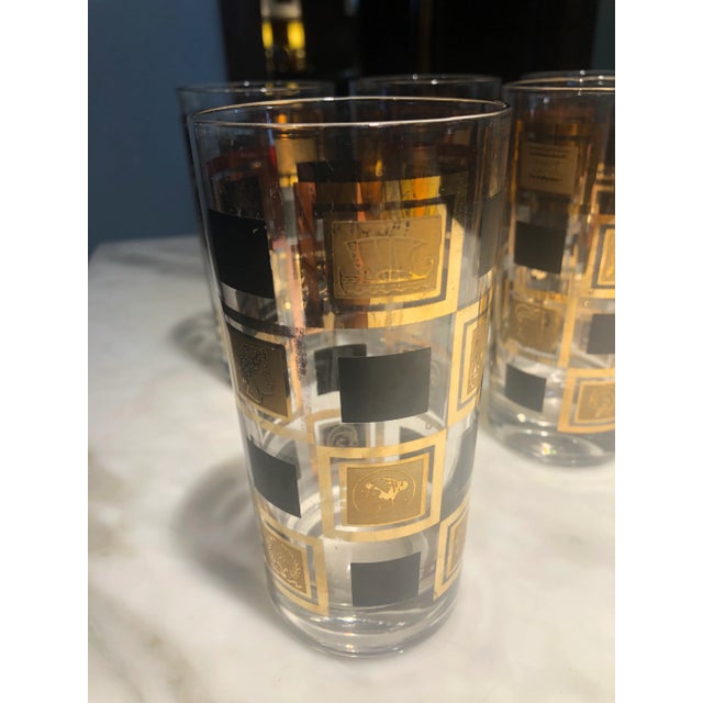 Mid-Century Modern Vintage Cera Cora Black and 24k Gold Squares Highball Glasses -Set of 6 For Sale - Image 3 of 8