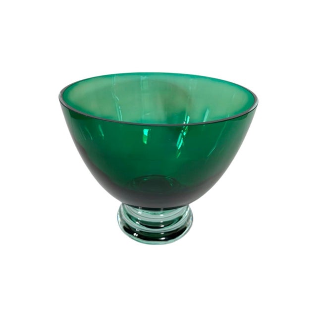 Stunning emerald green crystal glass centerpiece bowl handcrafted in Poland and sold by Crate & Barrel, circa 2000s. This...