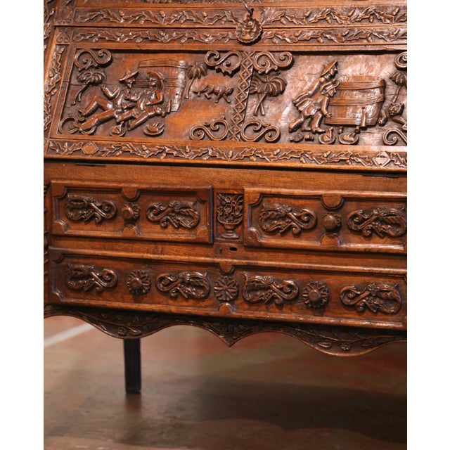 19th Century French Louis XV Carved Oak Secrétaire With Figural Scenes For Sale - Image 9 of 13