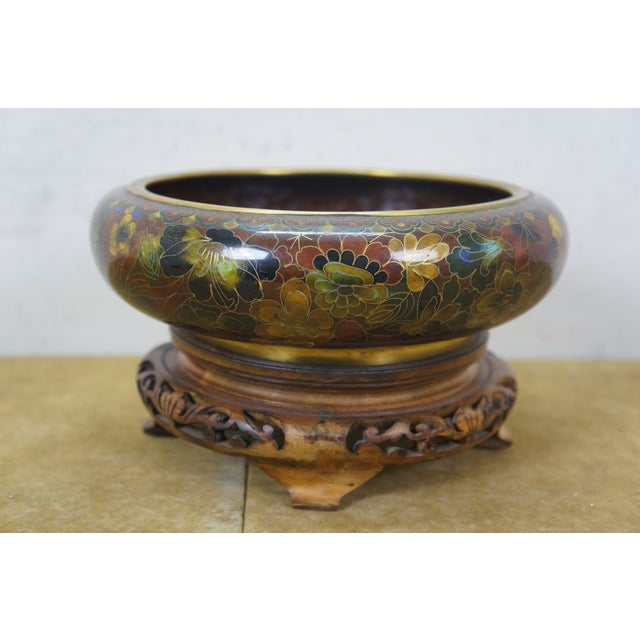 Brass Mid 20th Century Chinese Cloisonne Enameled Brass Thousand Flowers Brush Bowl & Elm Stand For Sale - Image 8 of 13