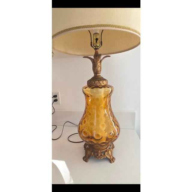 Tall Vintage Mid-Century Modern (Mcm) Hollywood Regency Style Amber Glass Table Lamp With Nightlight Feature For Sale - Image 10 of 12