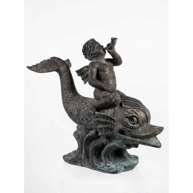1970s Large Classical Verdigris Bronze Cherub & Dolphin Fountain For Sale - Image 4 of 12