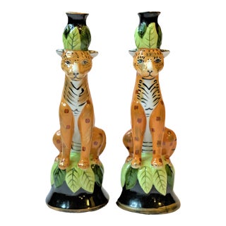 1980's Vintage Ceramic Leopard Candle Holders- a Pair For Sale