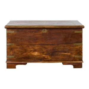 19th Century Indian Wooden & Brass Inlay Bracket Foot Trunk