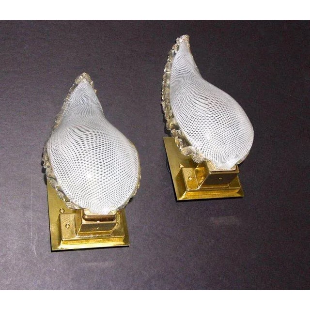 1940s Mid-Century Modern Murano Latticino Leaf Form Wall Sconce Lights - a Pair For Sale - Image 4 of 13