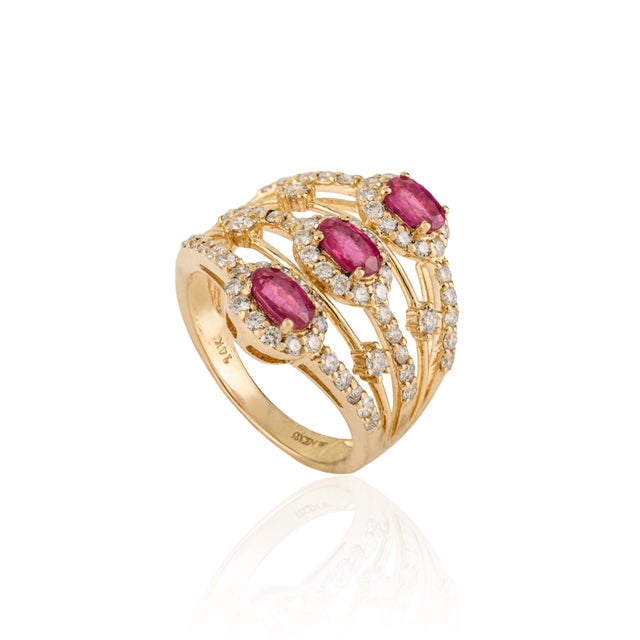 Contemporary Deco-Style 1.15 Ct Three Stone Ruby Diamond Five Row Wide Band Ring Size 5.5 For Sale - Image 3 of 16