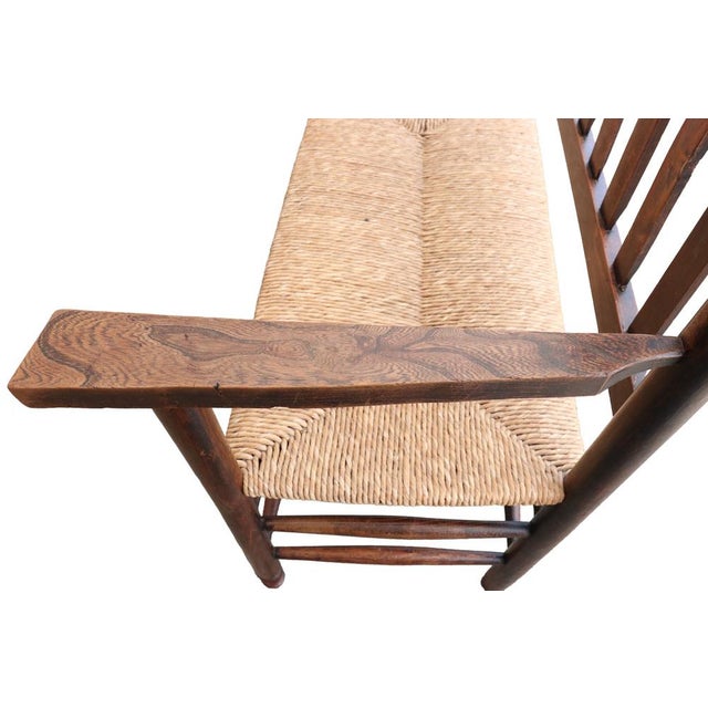 1900 - 1909 Antique Dutch Arts and Crafts Wooden Bench with Woven Rush Seat, 1900 For Sale - Image 5 of 14