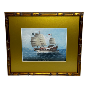 Antique Colonial Nautical Painting Hong Kong School Gouache, Outbound Junk on the Pearl River, Hong Kong, Circa 1914