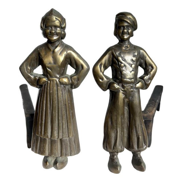 Antique Figural Bronze and Iron Andirons, European Peasant Couple, Circa 1900 For Sale