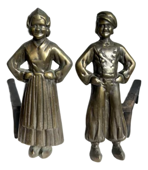 Antique Figural Bronze and Iron Andirons, European Peasant Couple, Circa 1900