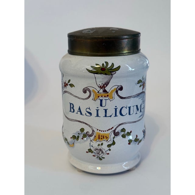 19th Century French Faience Apothecary Jars – Set of 7 – Hand Painted Pharmacy Canisters With Brass Lids For Sale - Image 6 of 9