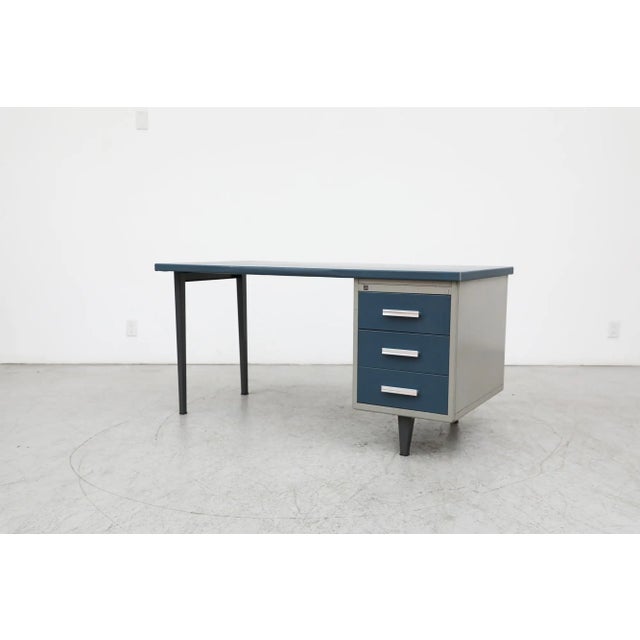 Gispen Gispen Industrial "7804" Desk With Blue Drawer Fronts and Linoleum Writing Top For Sale - Image 4 of 13