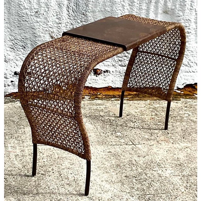 Late 20th Century Vintage Coastal Woven Rattan and Pen Shell Console Table For Sale - Image 5 of 7