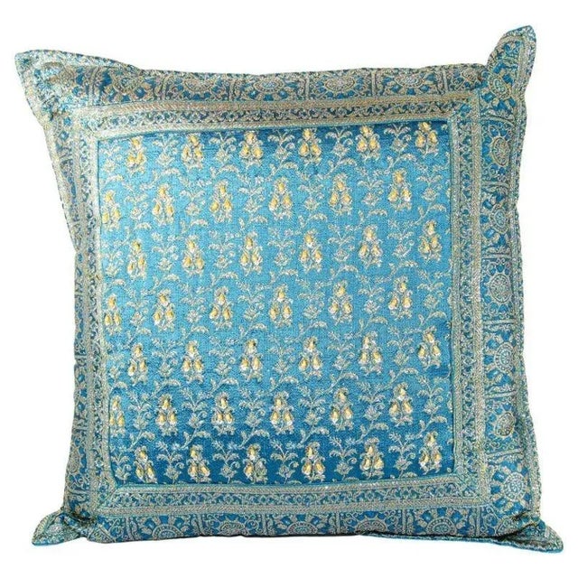 Turquoise Mughal Style Decorative Throw Pillow Embellished With Sequins and Beads For Sale - Image 13 of 13
