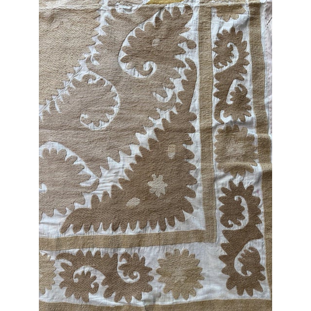 Mid-Century Modern Bohemian Neutral Tan Suzani From Tashkent 4'6'' X 4'10'' For Sale - Image 3 of 11