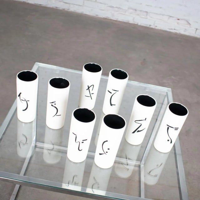 Vintage Mid-Century Modern Tumblers or Vases Ceramic White & Black With Asian Symbols, Set 8 For Sale - Image 11 of 13